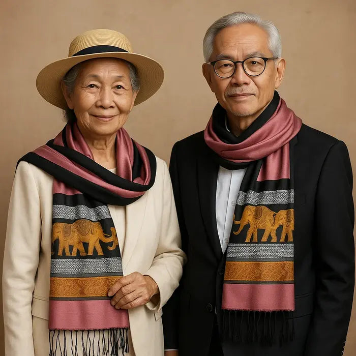 Un couple asiatique âgé posant ensemble, lportant des châles rose avec des motifs d'éléphants.