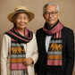 Un couple asiatique âgé posant ensemble, lportant des châles rose avec des motifs d'éléphants.