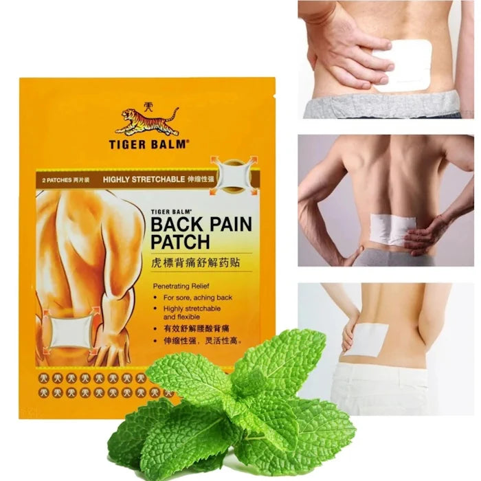 Le patch Tiger Balm pour le dos offrant un soulagement des douleurs lombaires, avec de la menthe.