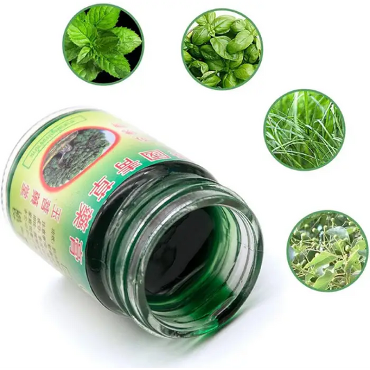 Un pot ouvert contenant une pommade verte à base de plantes est entouré de cinq images de végétaux. L'étiquette en chinois suggère une composition 