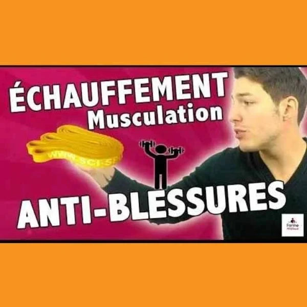 Graphique promotionnel sur fond orange vif, mettant en avant une personne tenant une bande de résistance jaune. Le texte en français indique : 'ÉCHAUFFEMENT Musculation ANTI-BLESSURES'. Il y a aussi un petit icône d'une personne soulevant des poids et un logo en bas à droite qui dit 'Forme Athlétique