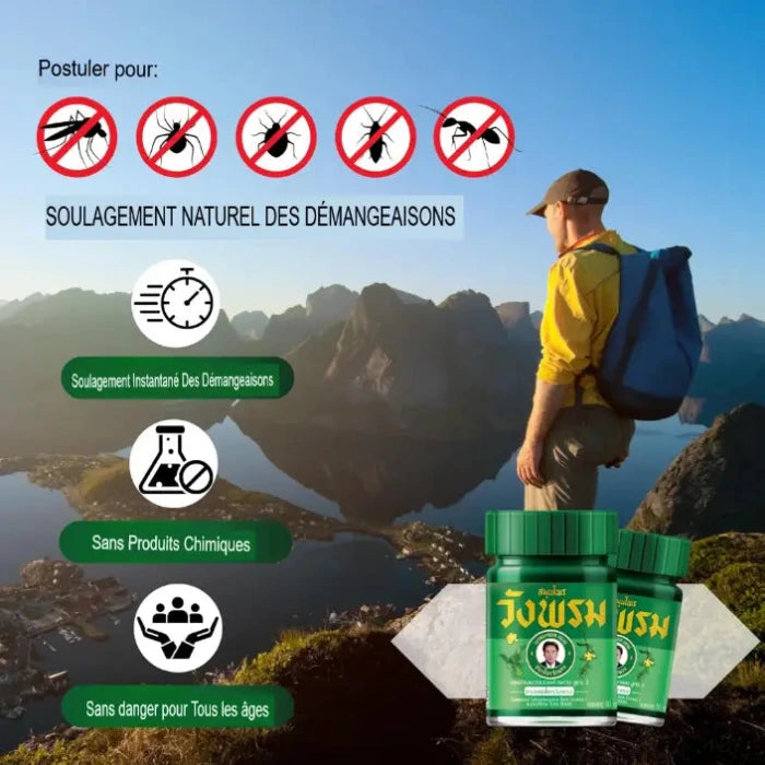 Publicité pour un produit anti-démangeaisons naturel. Personne admirant un paysage de montagne. Texte : "SOULAGEMENT NATUREL DES DÉMANGEAISONS." Icônes : soulagement instantané, sans produits chimiques, tout âge. Emballage visible en bas à droite.