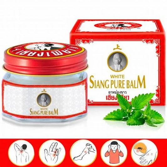 Pot et emballage de baume White Monkey Holding Peach. L'étiquette montre un singe tenant une pêche, avec du texte en thaï et en anglais. Les ingrédients principaux incluent le salicylate de méthyle, le camphre et le menthol. Utilisé pour soulager les douleurs musculaires et articulaires.