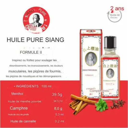 image promotionnelle d'Huile Siang Pure blanche, huile médicamentée avec 4 vignettes représentantes les utilisations
