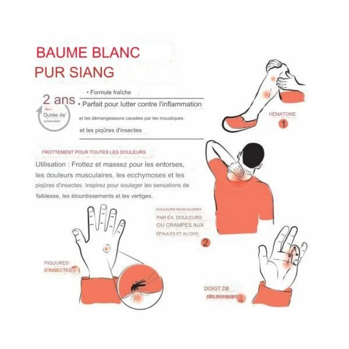 Infographie du Baume Blanc Siang Pure, mettant en avant sa durée de conservation de 2 ans, sa formule fraîche, et ses bienfaits pour les inflammations et le soulagement des démangeaisons dues aux piqûres d'insectes. Instructions d'utilisation incluant l'application sur les entorses, douleurs musculaires, ecchymoses, et inhalation pour soulager les étourdissements. Zones d'application indiquées : jambe, épaules, dos, main, et doigts.

