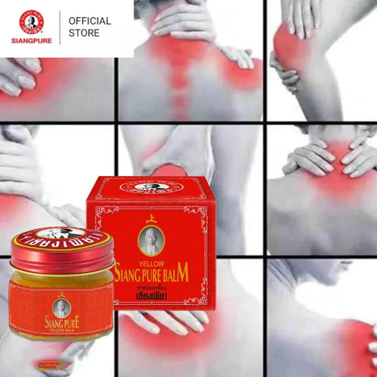 Publicité pour le Baume Siang Pure Jaune, montrant des personnes appliquant le baume sur différentes parties du corps en rouge pour indiquer les zones de douleur ou d'inconfort. Pot de baume et boîte d'emballage visibles en bas à gauche. Texte dans le coin supérieur gauche : SIANGPURE OFFICIAL STORE.
