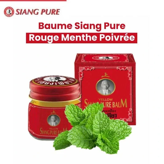 Baume Siang Pure Rouge Menthe Poivrée, avec une boîte et un pot de baume et des feuilles de menthe.