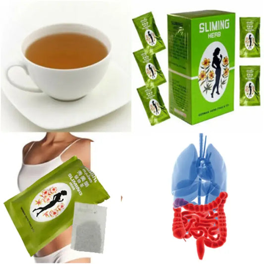 Un paquet de thé minceur, une tasse de thé, une silhouette humaine, un mètre ruban et un schéma du système digestif.