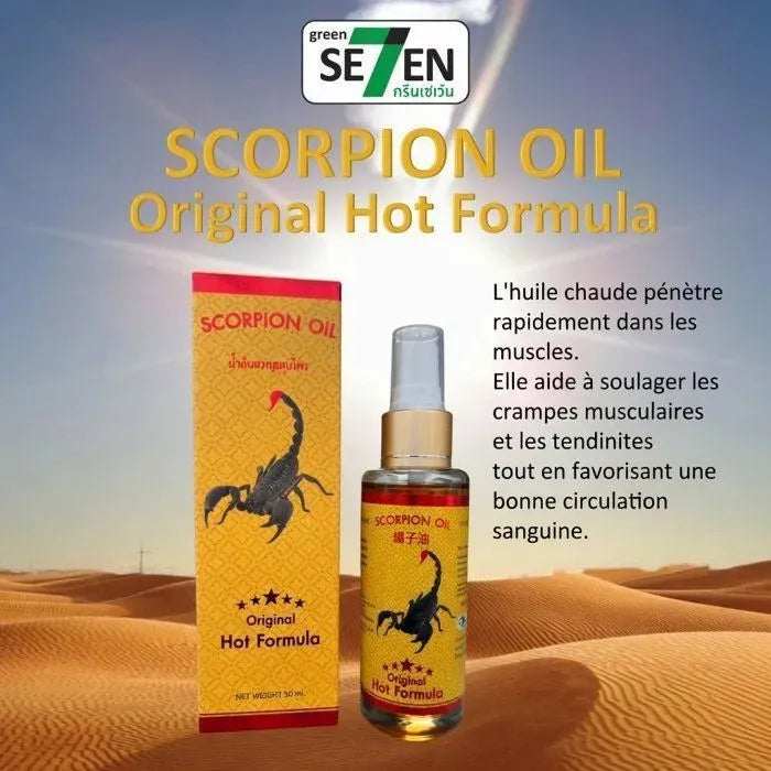 Flacon et boîte de Scorpion Oil Original Hot Formula posés devant un décor désertique. Huile chauffante conçue pour détendre rapidement muscles, réduire crampes et apaiser tensions. Packaging jaune et rouge avec scorpion noir, évoquant une action puissante et ciblée.