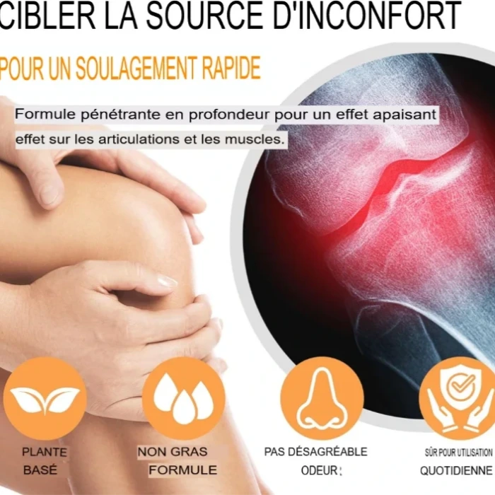 Publicité pour un produit de soulagement des articulations avec texte : "CIBLER LA SOURCE D'INCONFORT" et "POUR UN SOULAGEMENT RAPIDE". Personne tenant un genou.