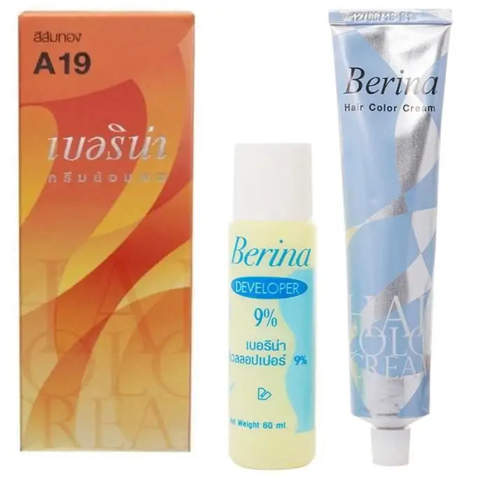 Kit de teinture Berina A19 (orange doré) comprenant une boîte, un développeur 9% (60 ml) et une crème colorante.