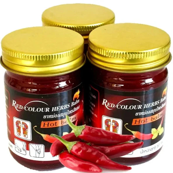 3 pots de Baume Rouge Thaïlandais - Piment Rouge et Menthe, Piment Rouge au premier plan