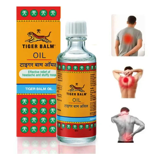 Huile Tiger Balm pour le soulagement des maux de tête et des douleurs musculaires, avec des schémas corporels.
