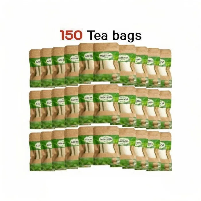 150 sachets de thé brun avec étiquettes vertes en écriture thaïlandaise, images de feuilles de thé et tasse. Mention "Natural Goods" en anglais.25 Sachets Tapee Tea Thai Herbal Tea - pour douleurs musculaires, la goutte