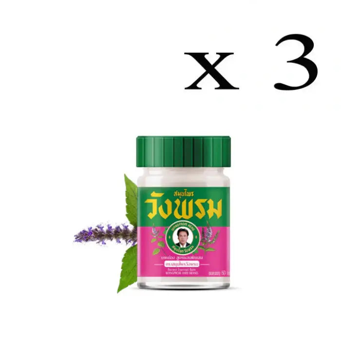 Pot de baume essentiel au bornéol Wangprom Herb, couvercle vert, étiquette verte et rose avec texte en thaï et illustrations de plantes. Contenance : 50g.  Lot de 3.