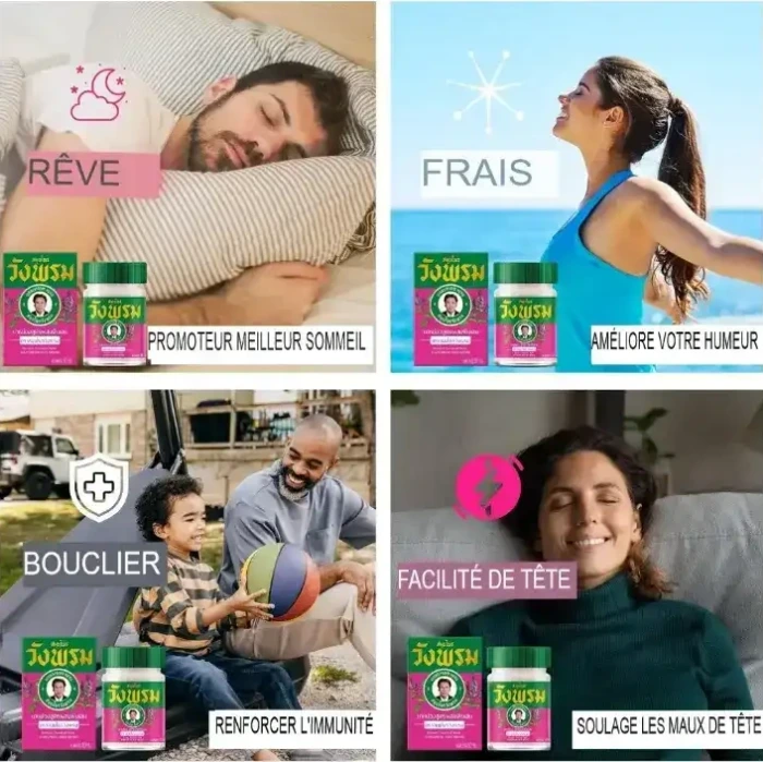 Collage de quatre scènes montrant des produits avec texte en français : RÊVE, FRAIS, BOUCLIER, FACILITÉ DE TÊTE, indiquant leurs bienfaits : sommeil, humeur, immunité, maux de tête.