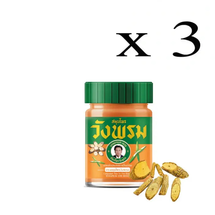 Baume Wangprom orange en pot avec couvercle vert, présenté avec tranches de racine. Lot de 3.