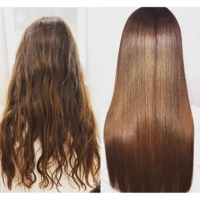 Comparaison côte à côte des cheveux avant et après un traitement. À gauche, cheveux ondulés, frisés et secs. À droite, cheveux lisses, brillants et soyeux après traitement.