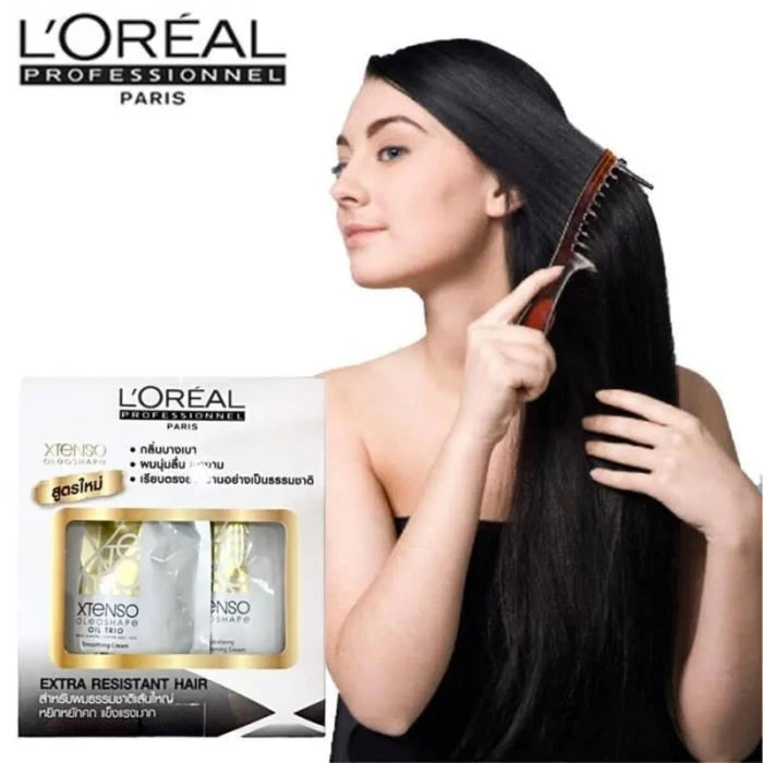 Boite de L’Oréal X-Tenso Lissage Permanent des Cheveux Crème Lissante pour cheveux Extra Résistants et une femme qui se coiffe en gros plan