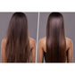 Comparaison côte à côte des cheveux avant et après un traitement. À gauche, cheveux ondulés et secs. À droite, cheveux lisses, brillants et soyeux après traitement.